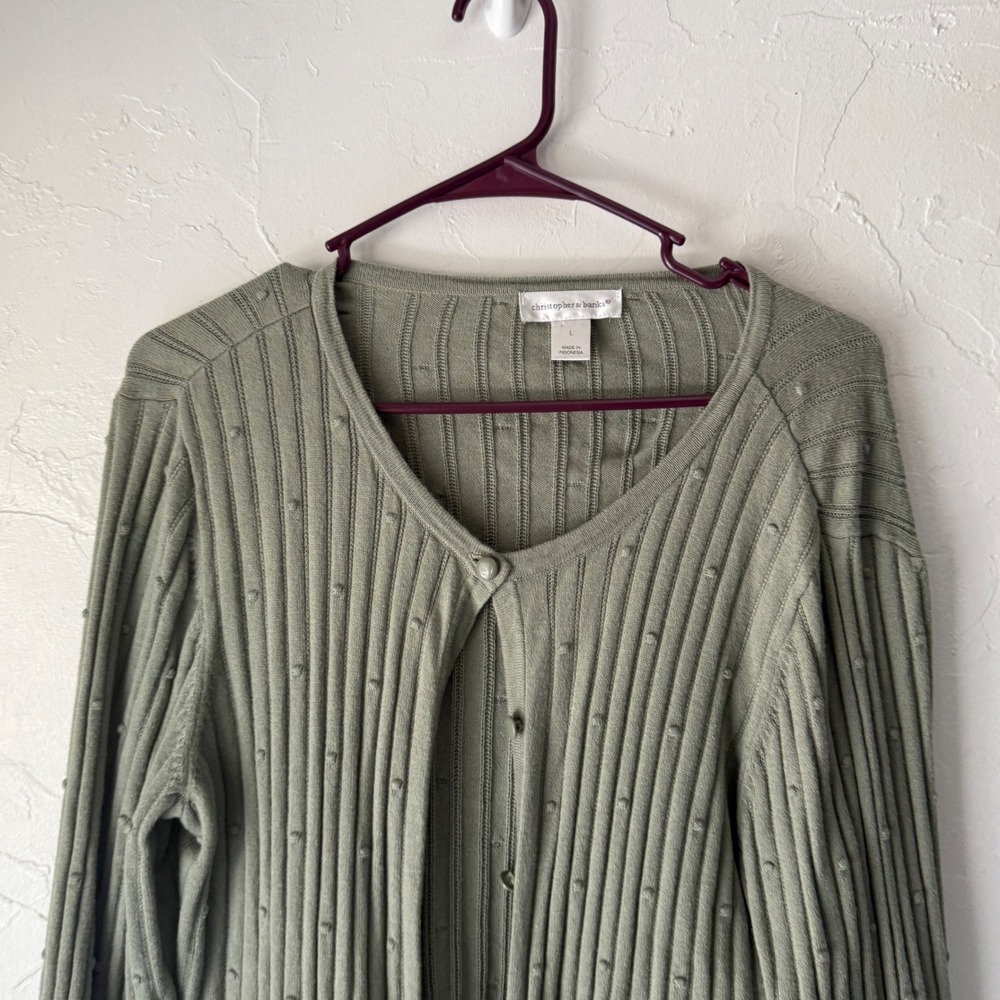 Christopher & Banks Y2k Green Cardigan Ribbed Knit Button Down Preppy Academia L - Picture 2 of 10